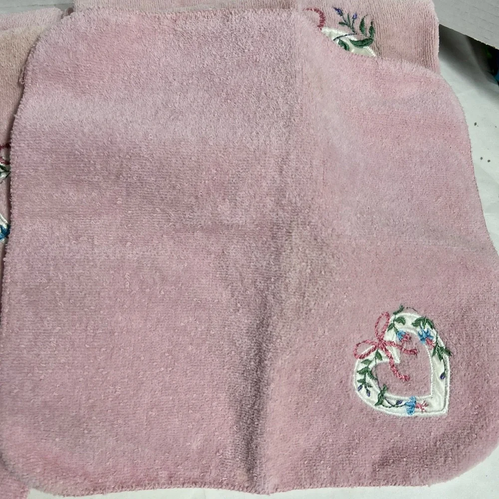 Vintage Pink Embroidered Heart Towel Set of 6